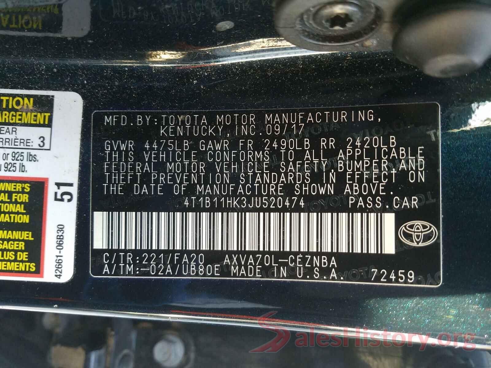 4T1B11HK3JU520474 2018 TOYOTA CAMRY