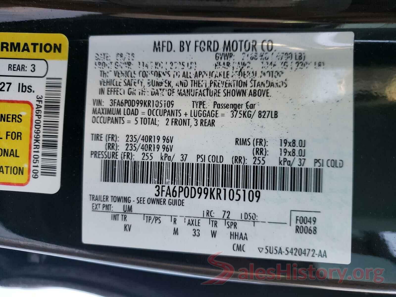 3FA6P0D99KR105109 2019 FORD FUSION