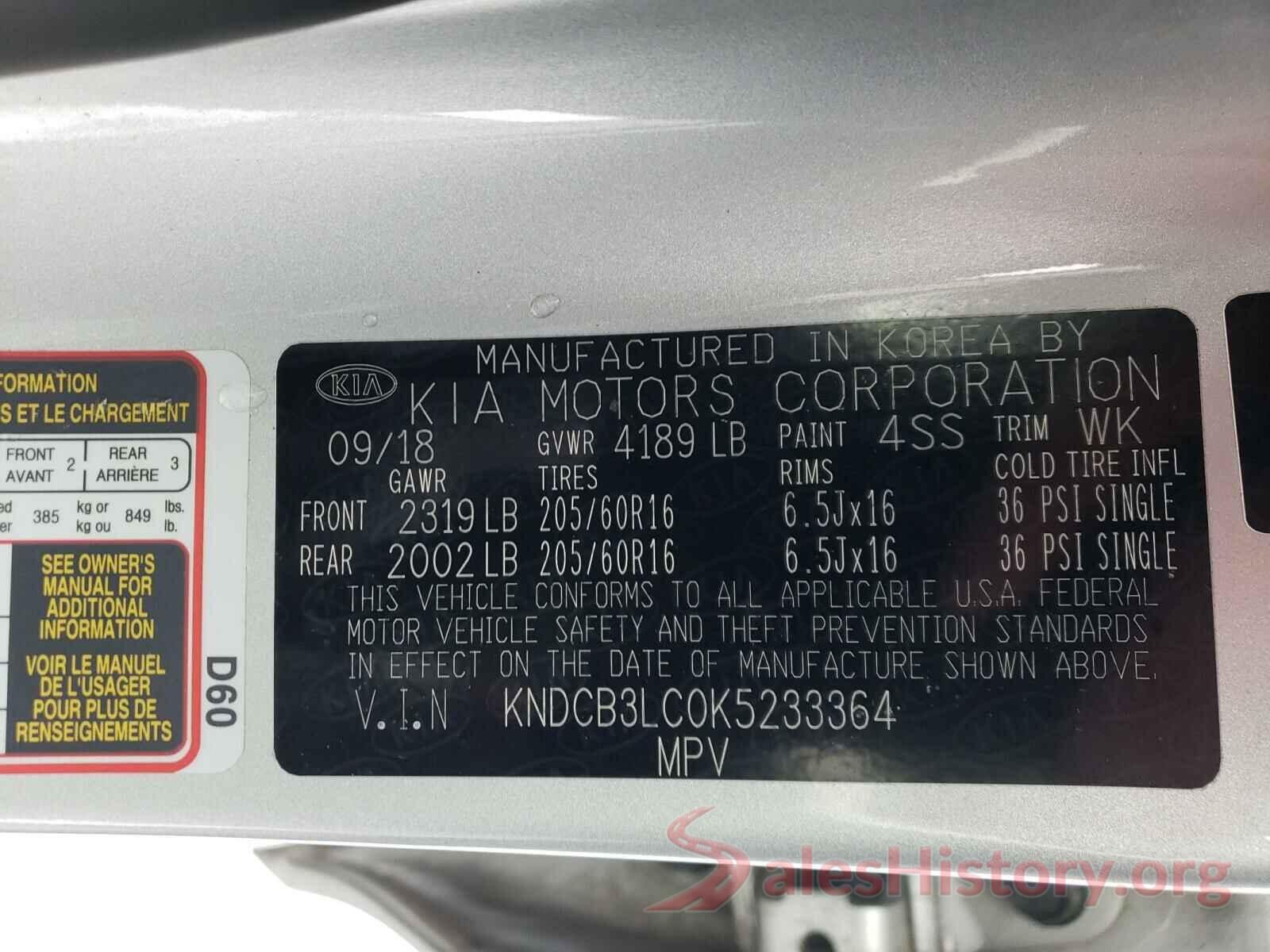 KNDCB3LC0K5233364 2019 KIA NIRO