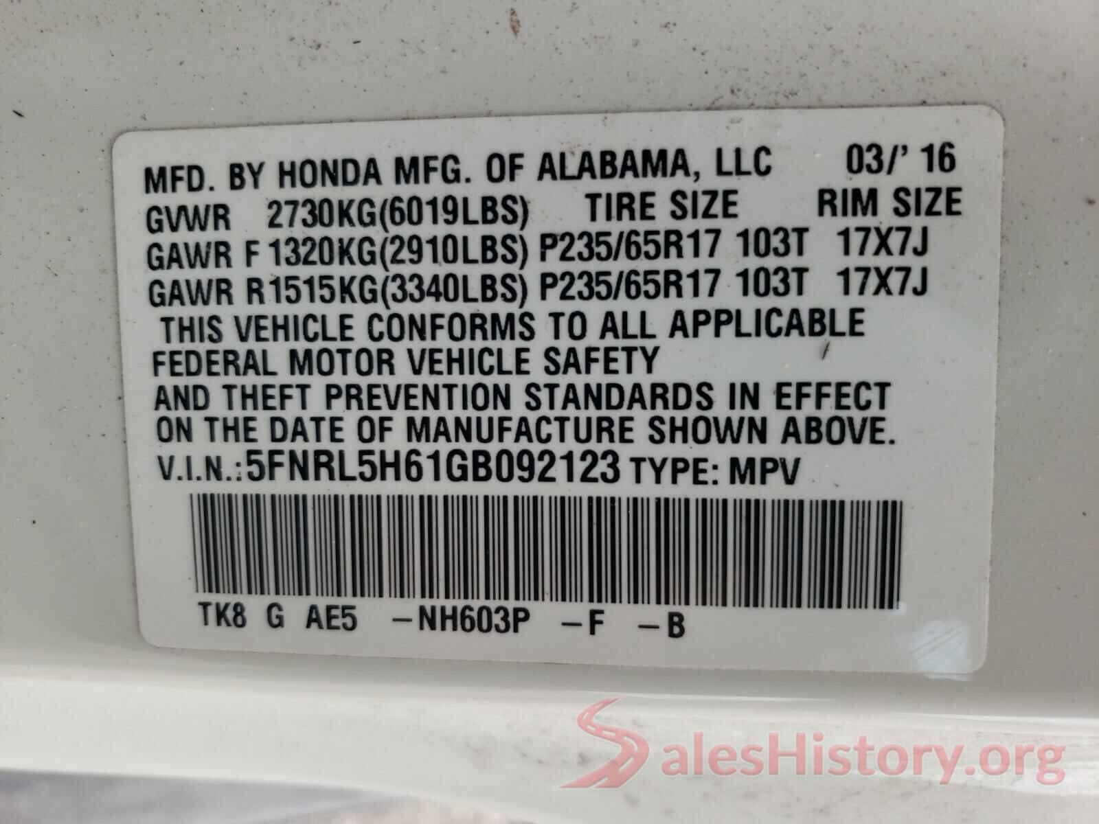 5FNRL5H61GB092123 2016 HONDA ODYSSEY