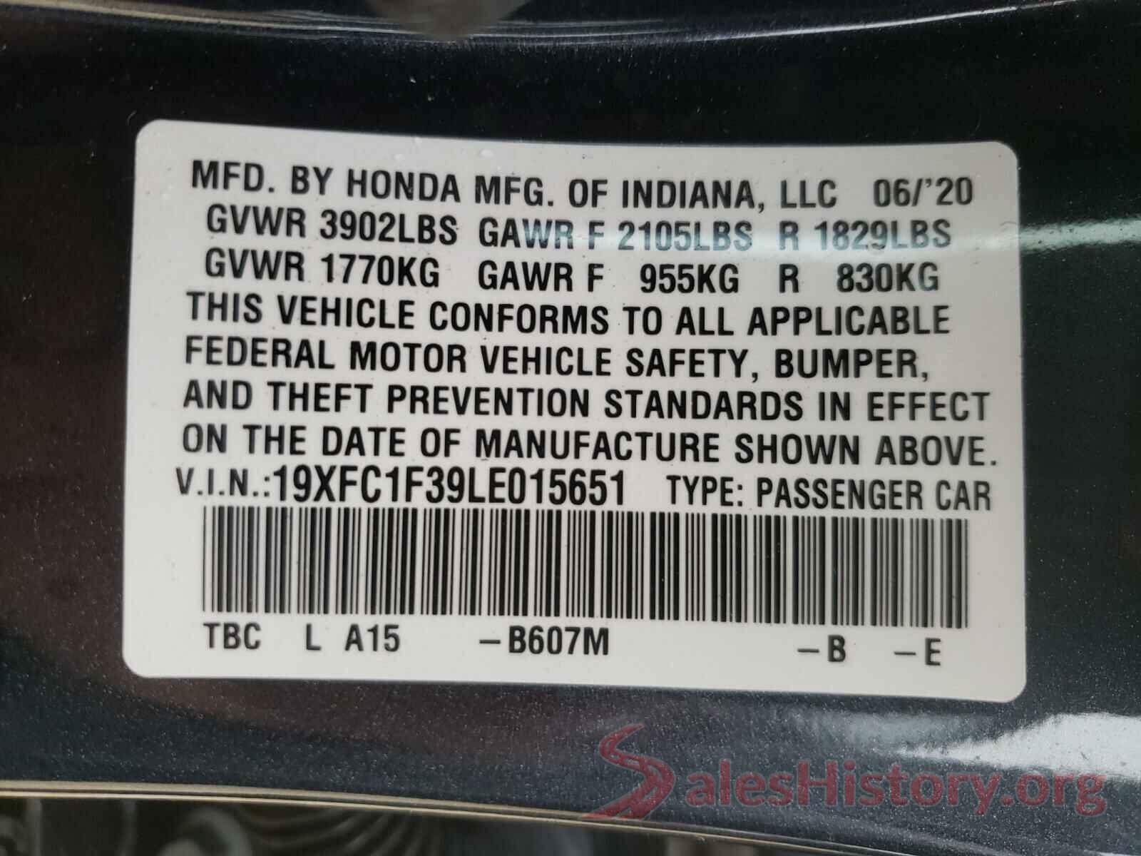 19XFC1F39LE015651 2020 HONDA CIVIC