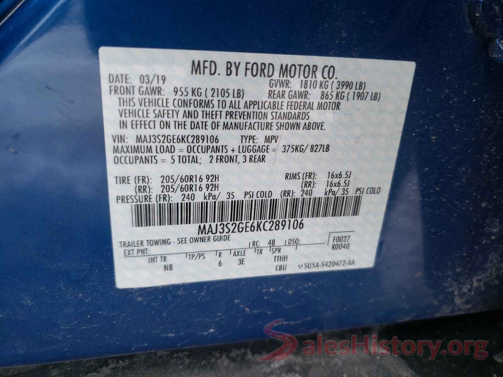 MAJ3S2GE6KC289106 2019 FORD ALL OTHER