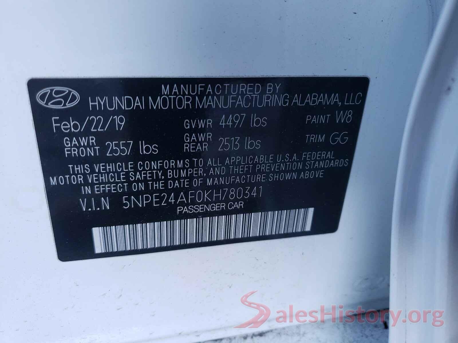 5NPE24AF0KH780341 2019 HYUNDAI SONATA