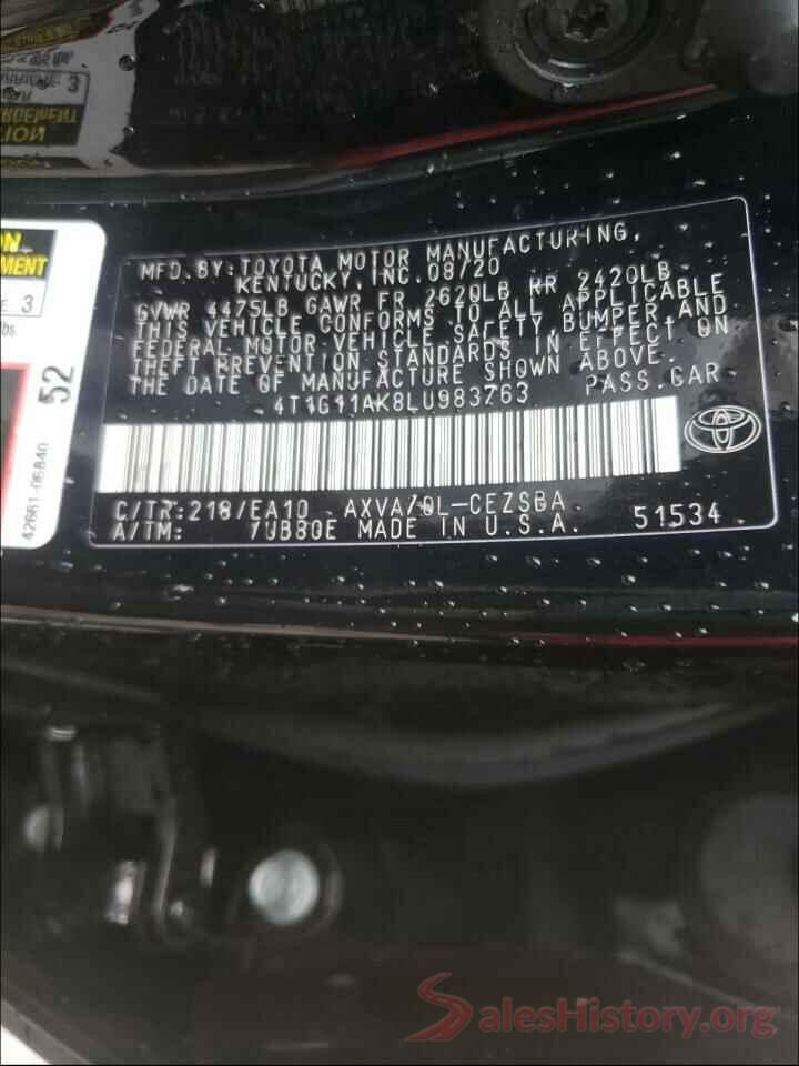 4T1G11AK8LU983763 2020 TOYOTA CAMRY