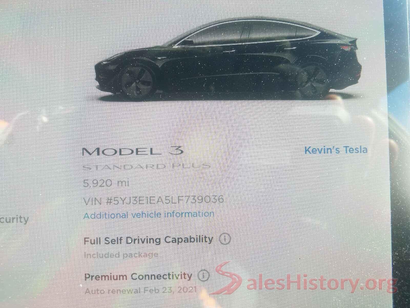 5YJ3E1EA5LF739036 2020 TESLA MODEL 3