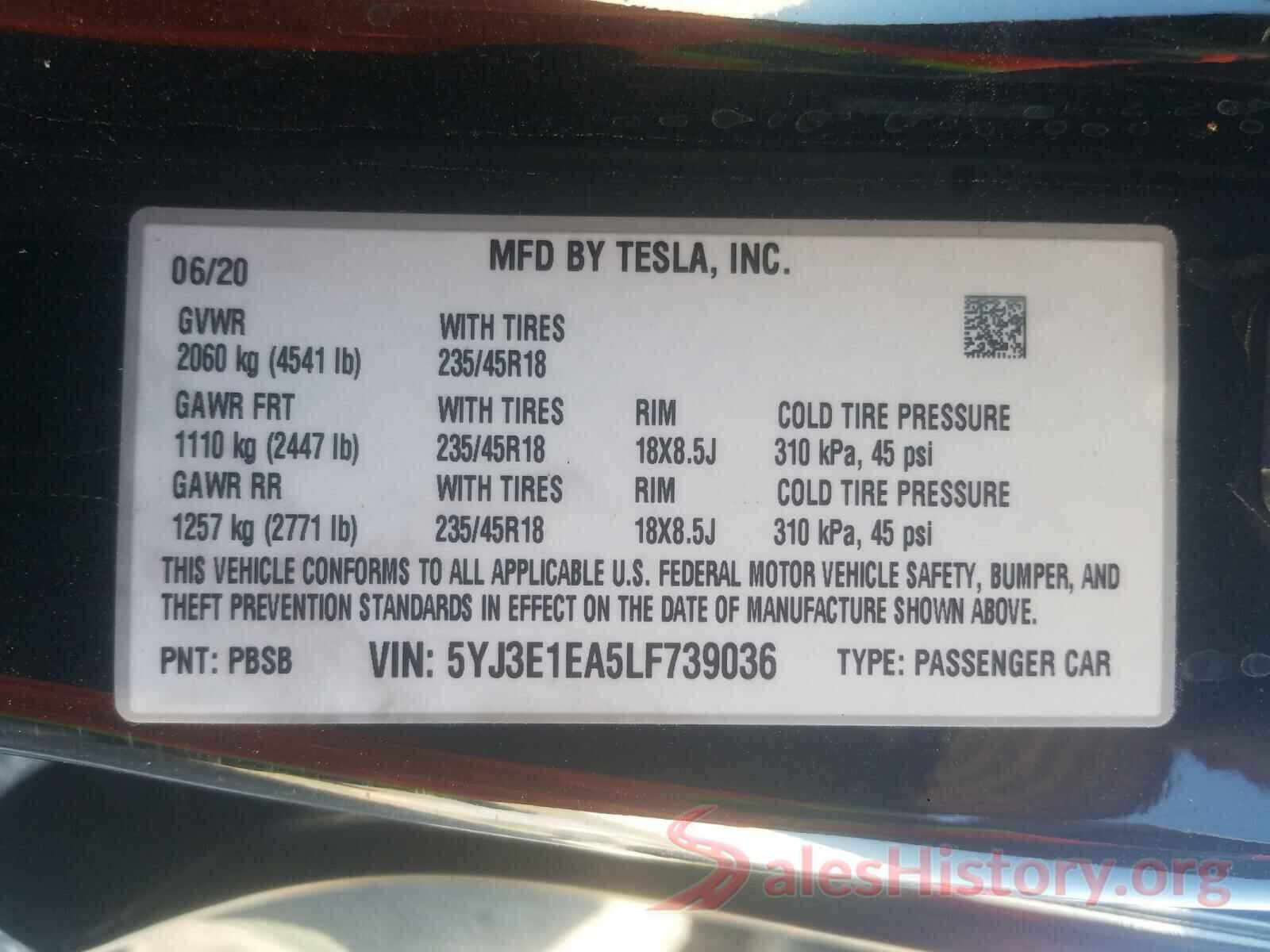 5YJ3E1EA5LF739036 2020 TESLA MODEL 3