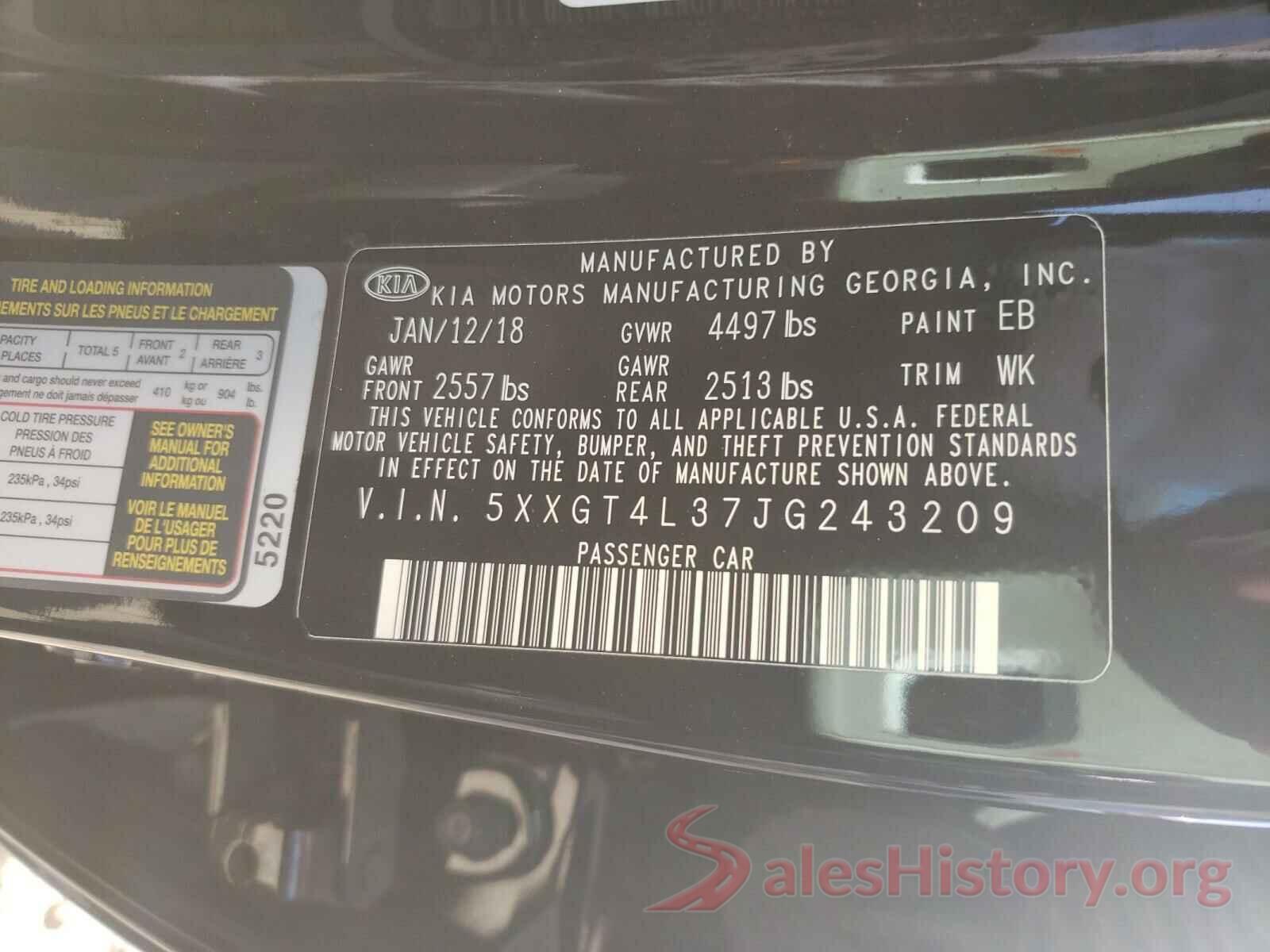 5XXGT4L37JG243209 2018 KIA OPTIMA