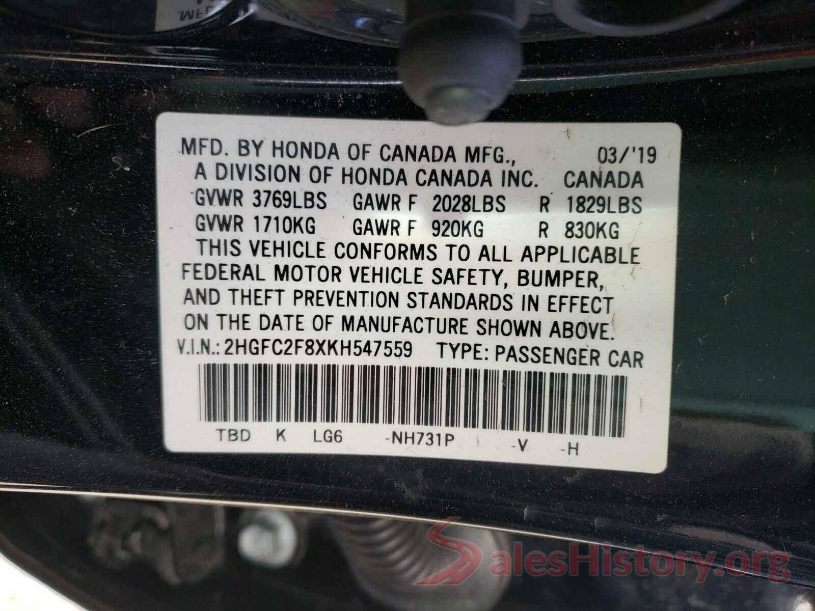 2HGFC2F8XKH547559 2019 HONDA CIVIC