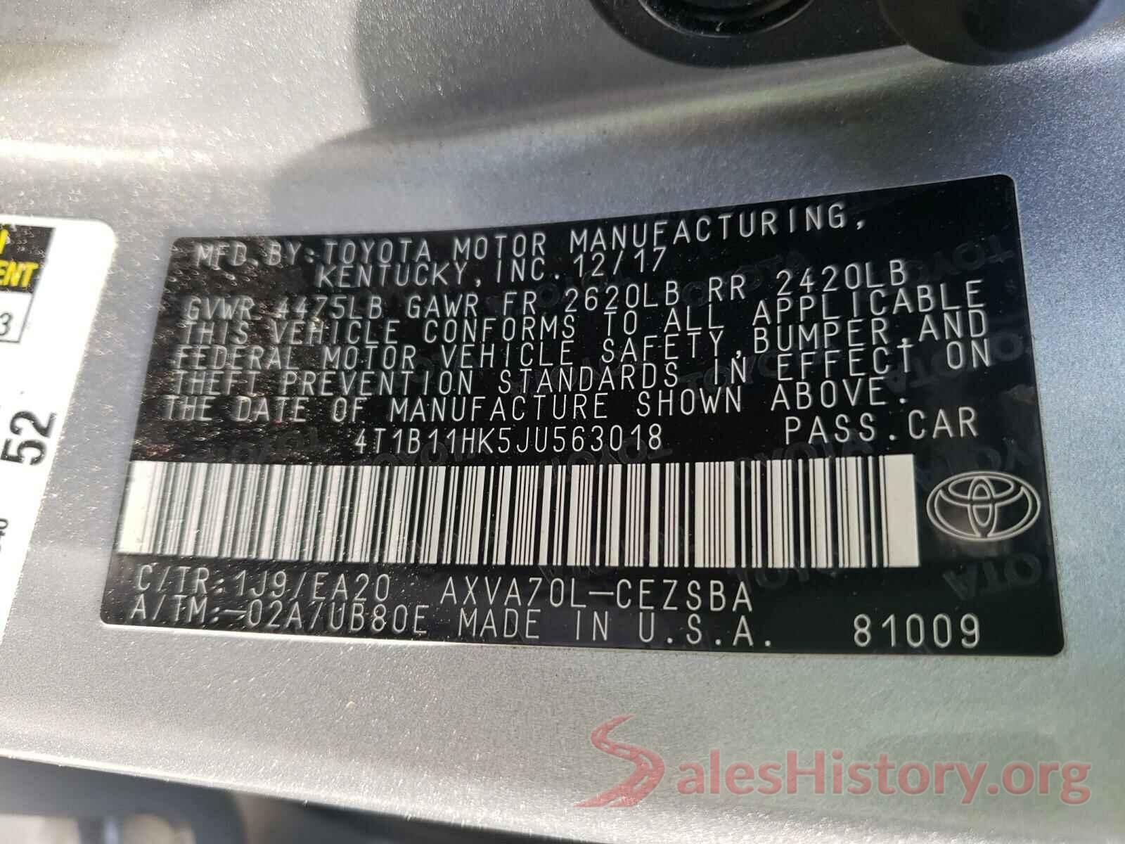 4T1B11HK5JU563018 2018 TOYOTA CAMRY