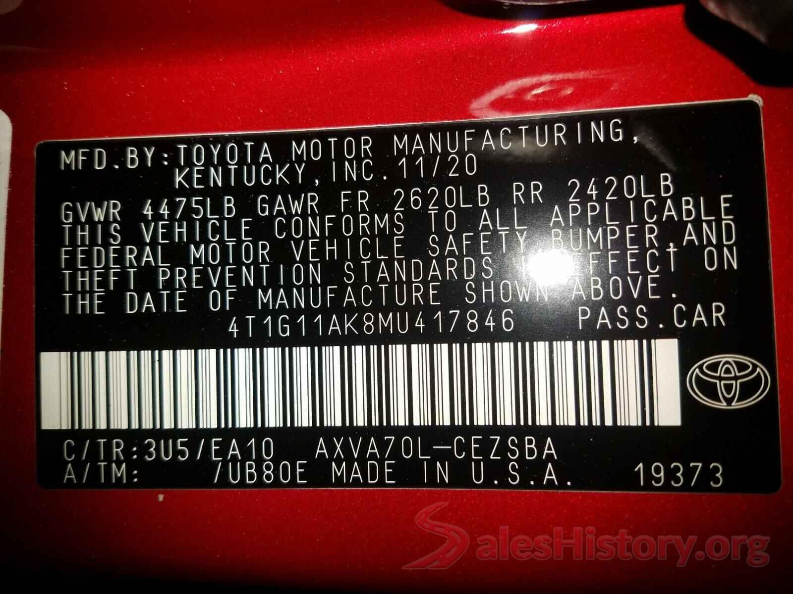 4T1G11AK8MU417846 2021 TOYOTA CAMRY