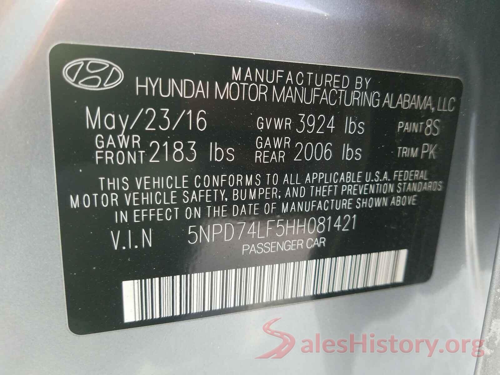 5NPD74LF5HH081421 2017 HYUNDAI ELANTRA