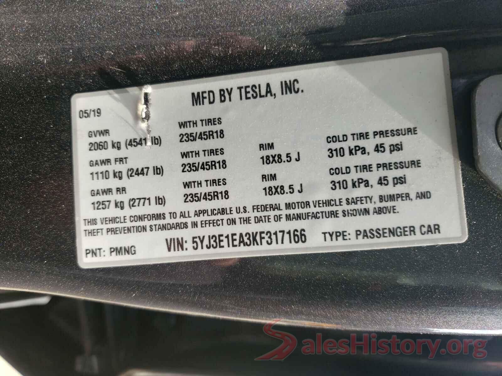 5YJ3E1EA3KF317166 2019 TESLA MODEL 3