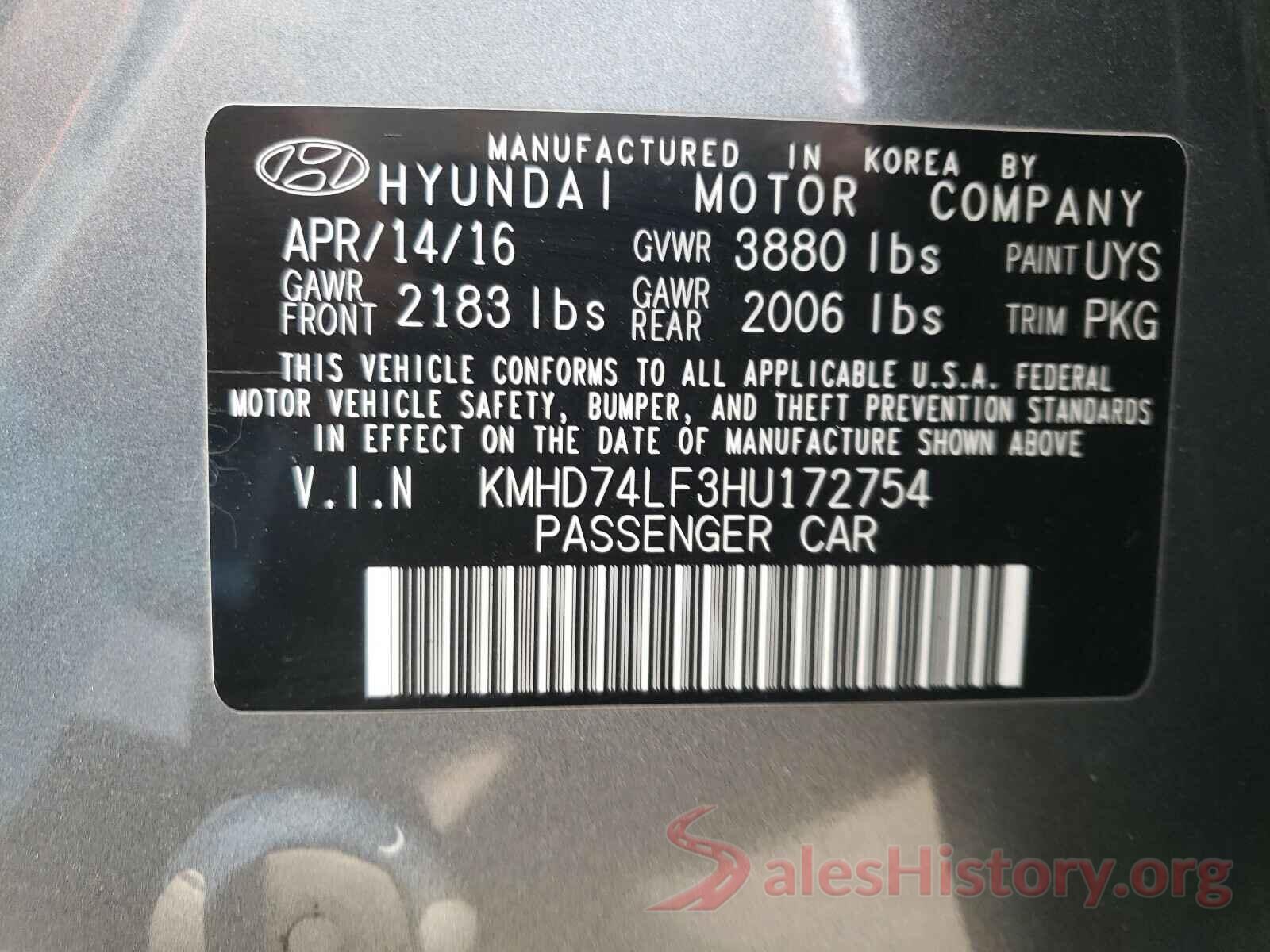 KMHD74LF3HU172754 2017 HYUNDAI ELANTRA