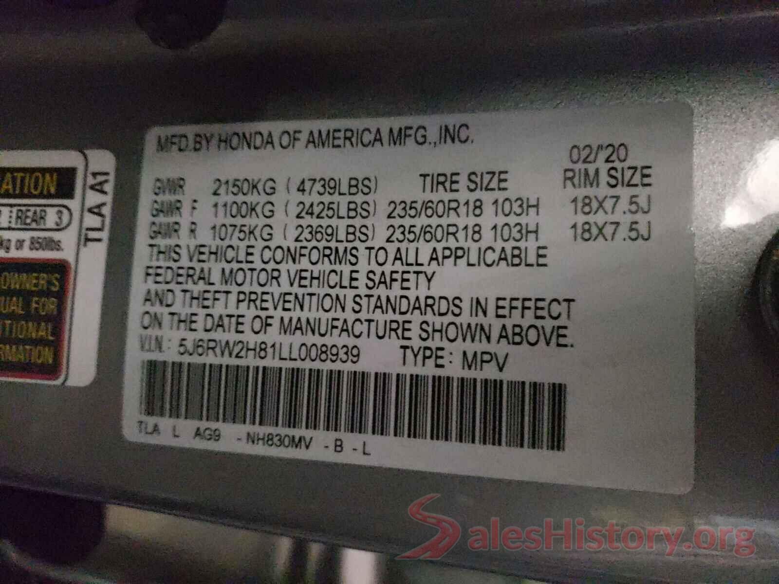 5J6RW2H81LL008939 2020 HONDA CRV