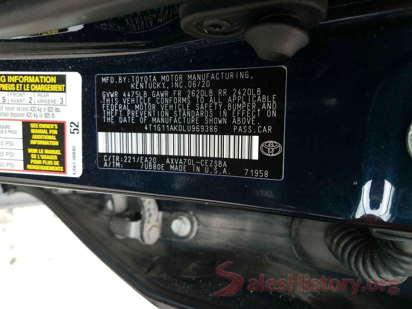 4T1G11AK0LU969386 2020 TOYOTA CAMRY