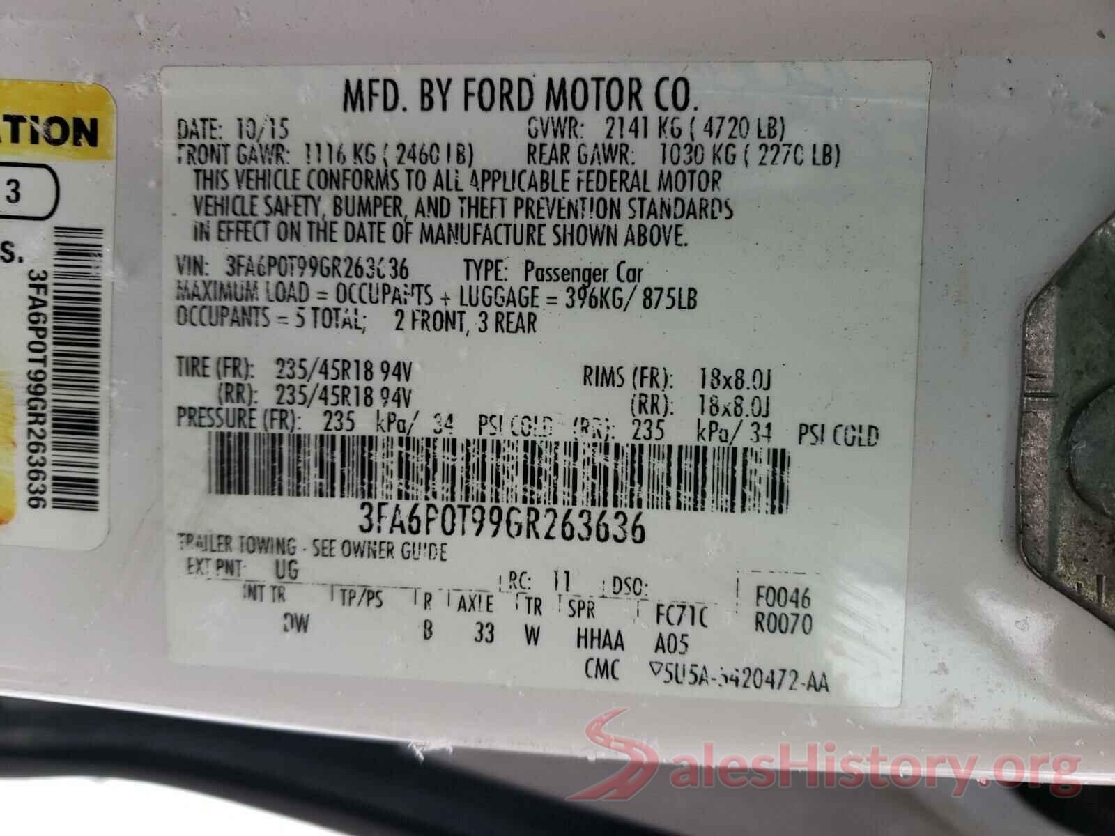 3FA6P0T99GR263636 2016 FORD FUSION