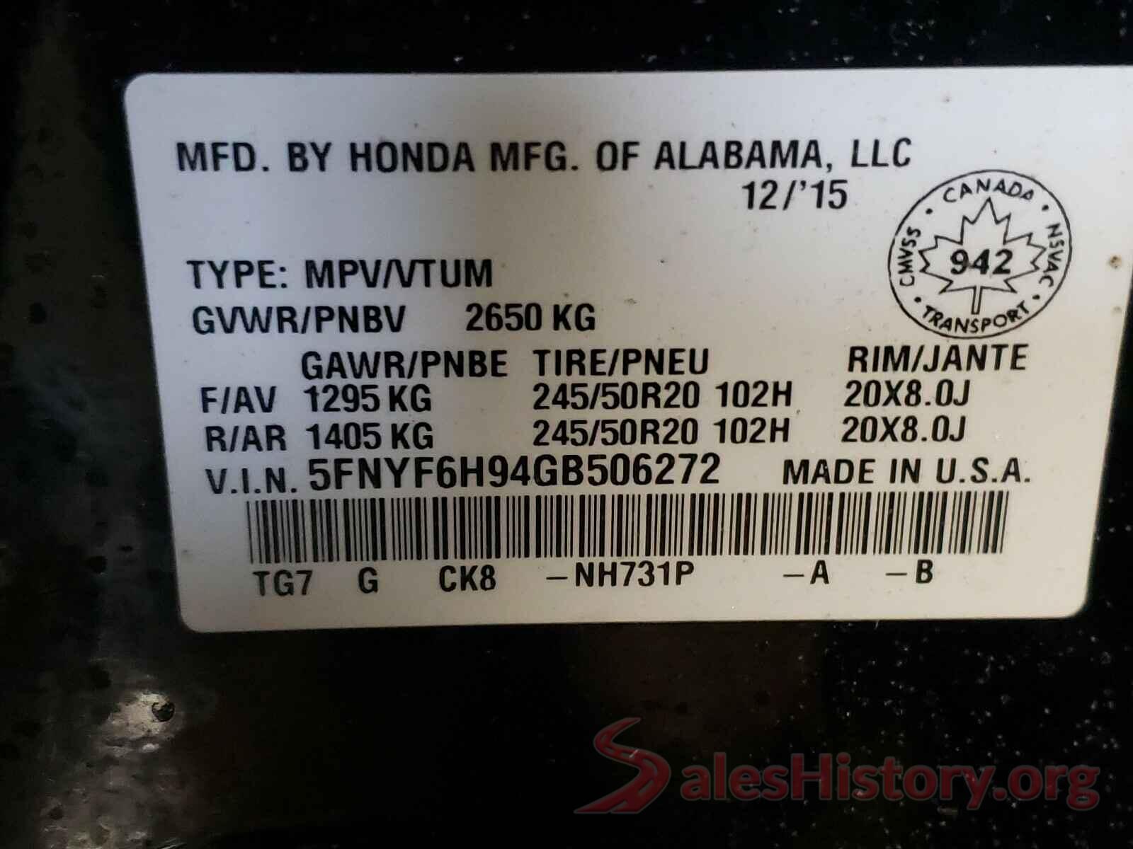 5FNYF6H94GB506272 2016 HONDA PILOT