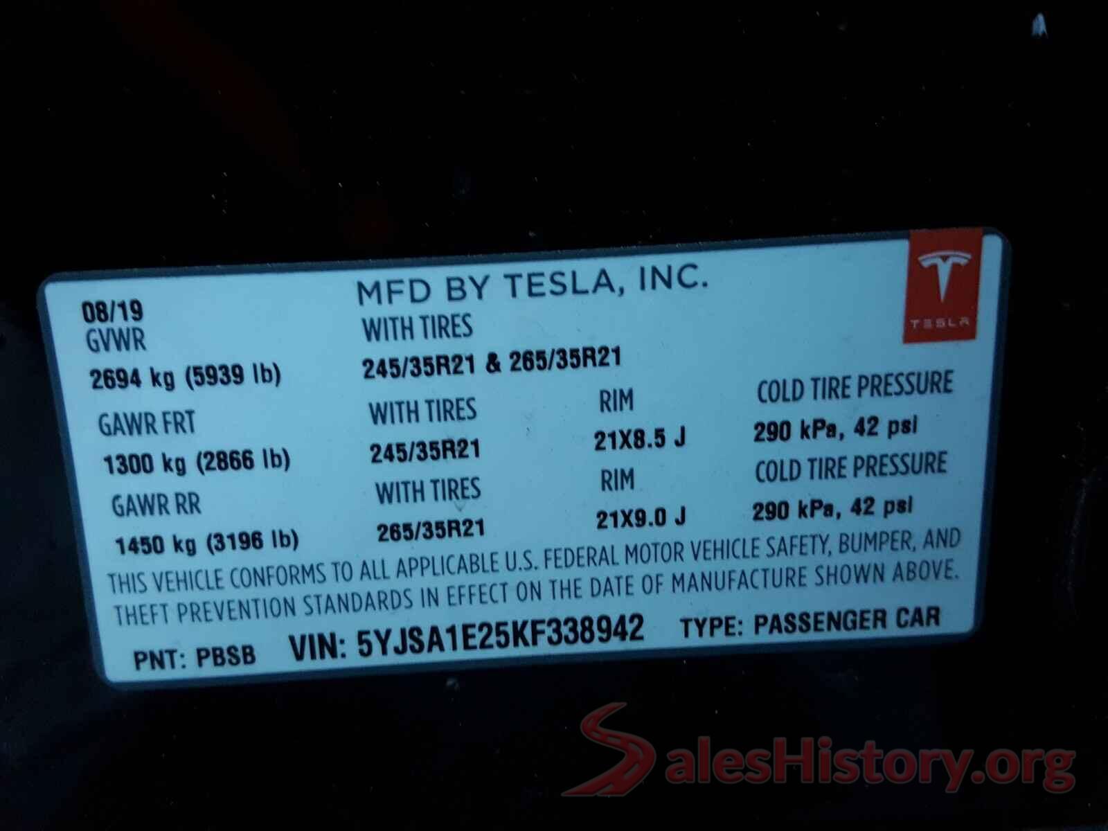 5YJSA1E25KF338942 2019 TESLA MODEL S