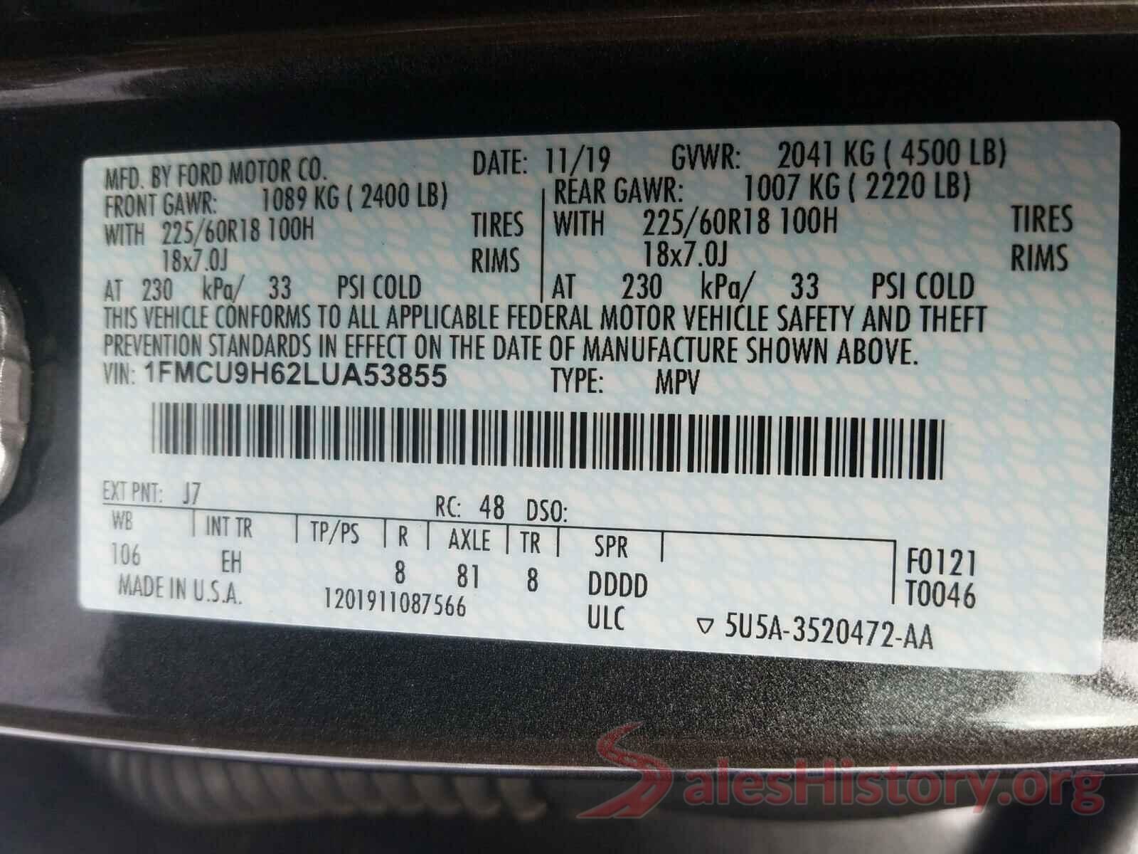 1FMCU9H62LUA53855 2020 FORD ESCAPE