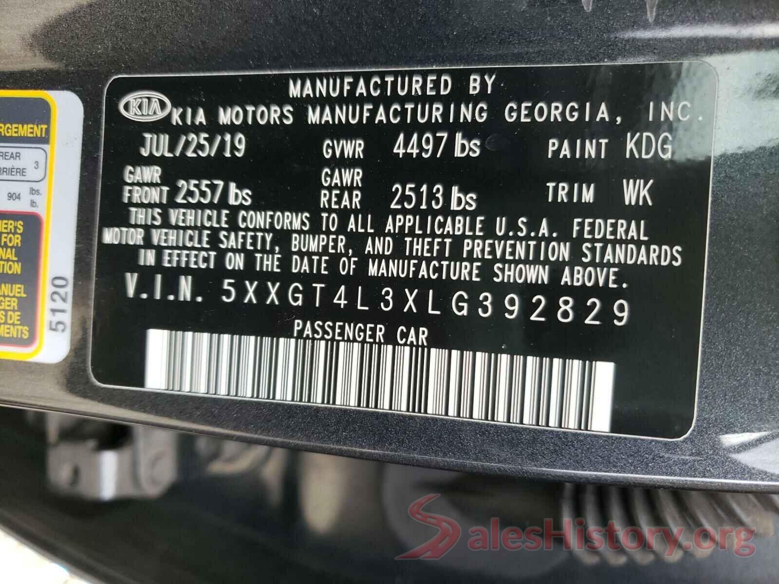 5XXGT4L3XLG392829 2020 KIA OPTIMA