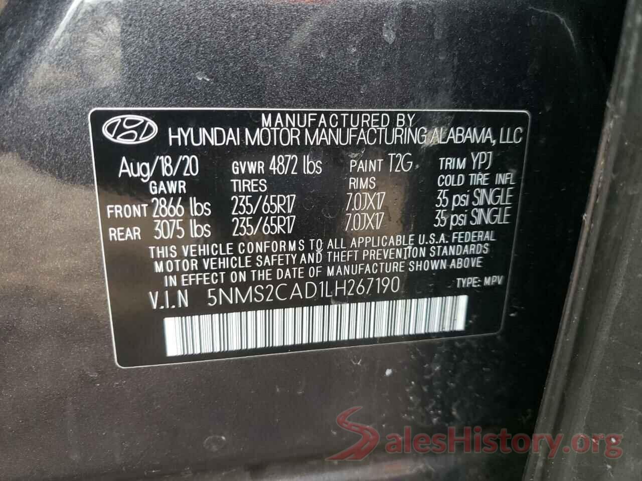 5NMS2CAD1LH267190 2020 HYUNDAI SANTA FE