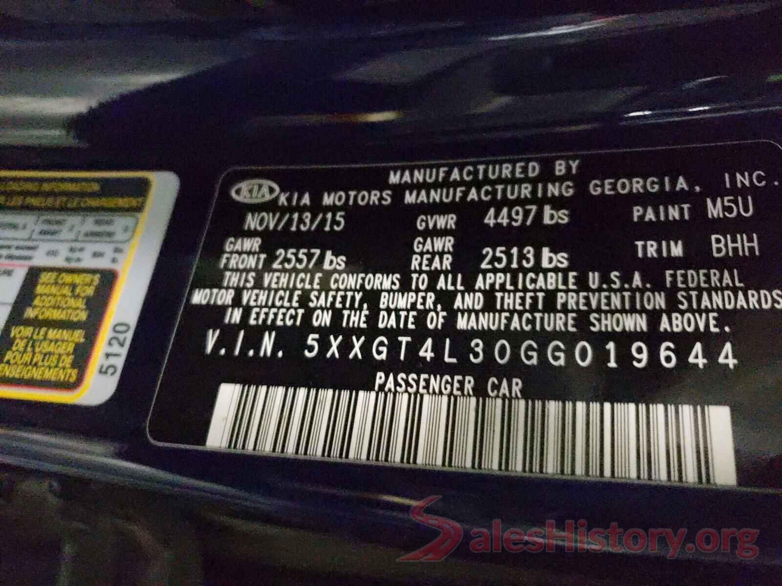 5XXGT4L30GG019644 2016 KIA OPTIMA