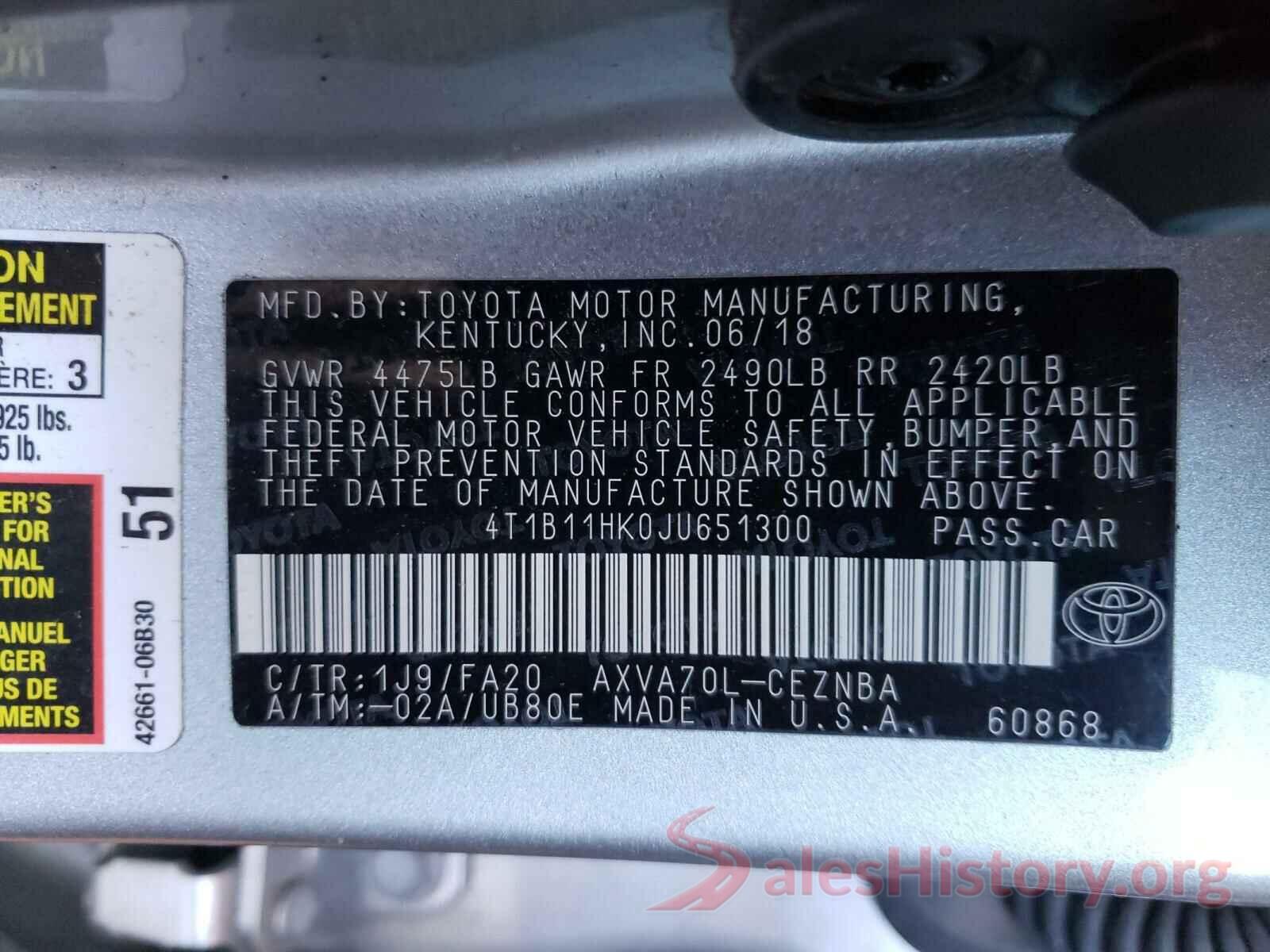 4T1B11HK0JU651300 2018 TOYOTA CAMRY