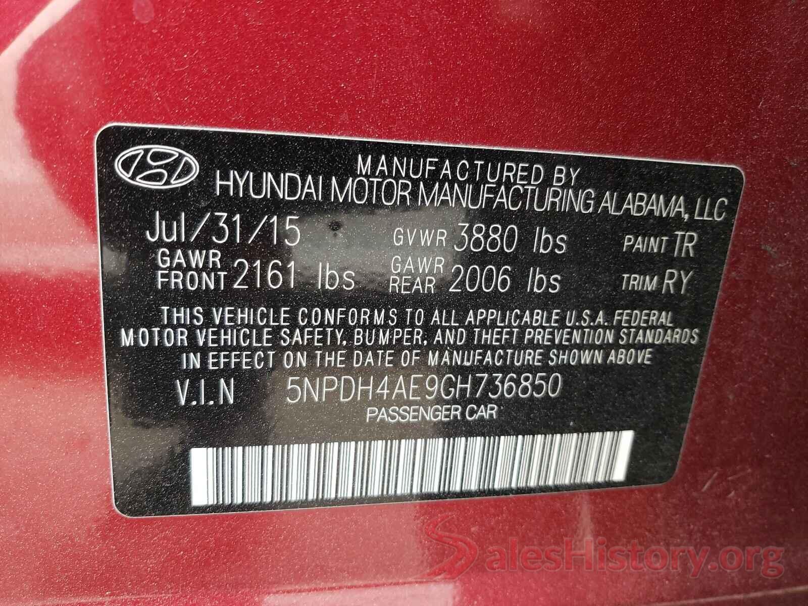 5NPDH4AE9GH736850 2016 HYUNDAI ELANTRA