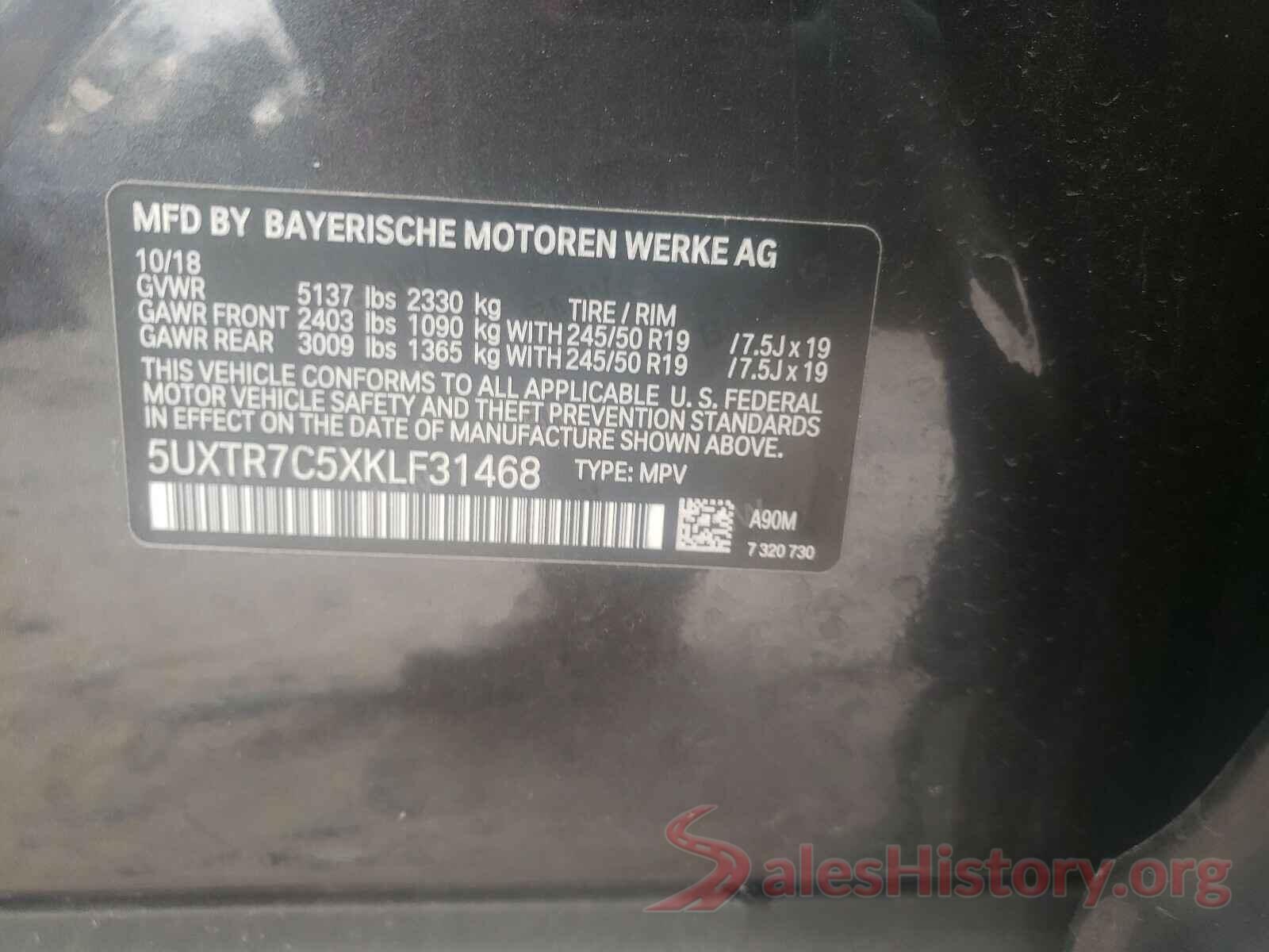 5UXTR7C5XKLF31468 2019 BMW X3