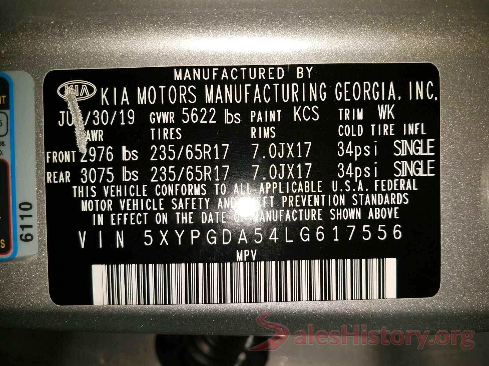 5XYPGDA54LG617556 2020 KIA SORENTO