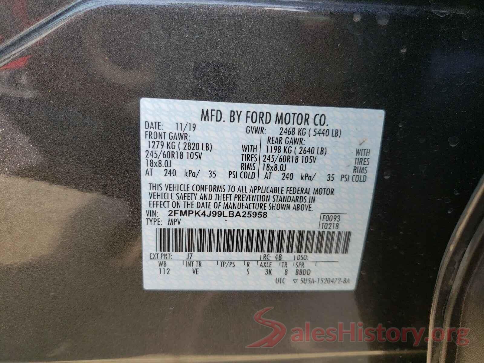 2FMPK4J99LBA25958 2020 FORD EDGE