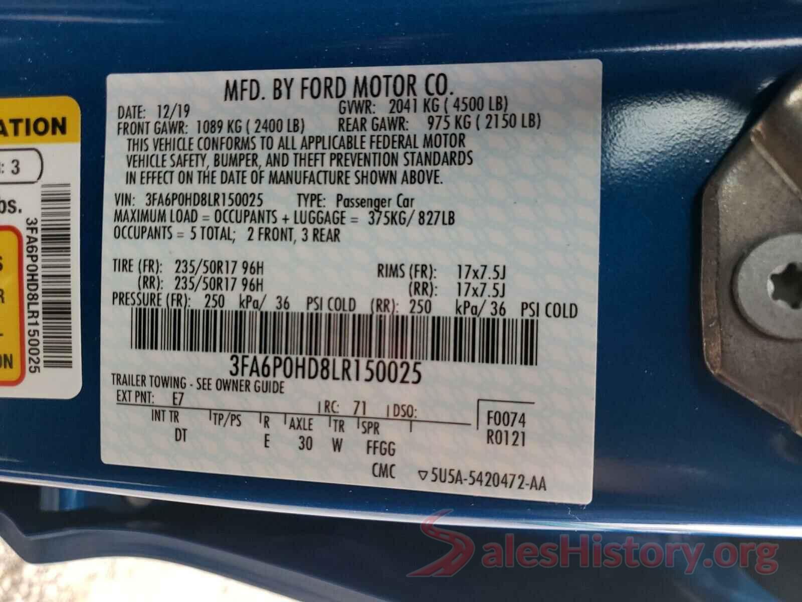 3FA6P0HD8LR150025 2020 FORD FUSION