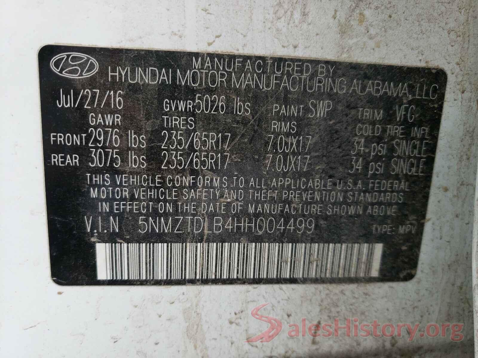 5NMZTDLB4HH004499 2017 HYUNDAI SANTA FE