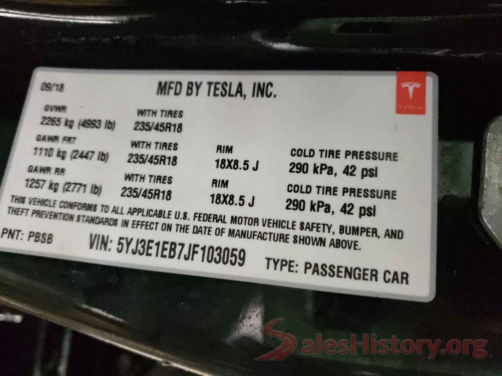 5YJ3E1EB7JF103059 2018 TESLA MODEL 3