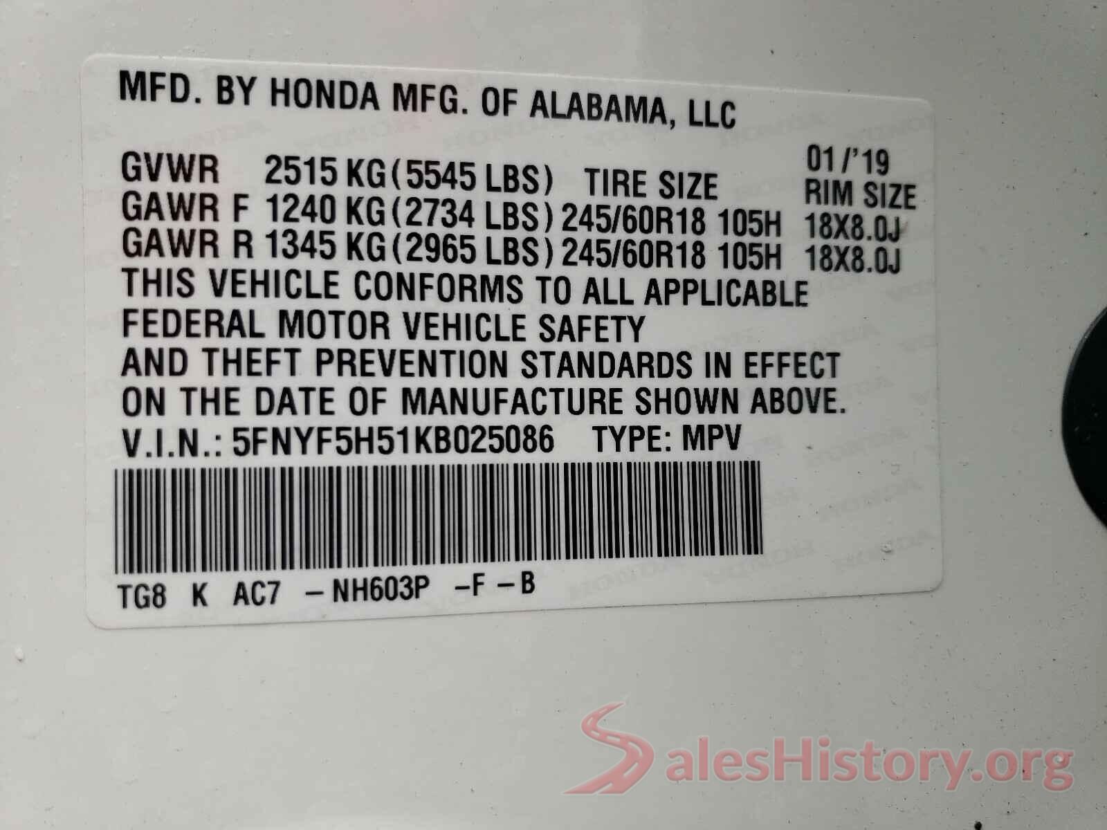 5FNYF5H51KB025086 2019 HONDA PILOT