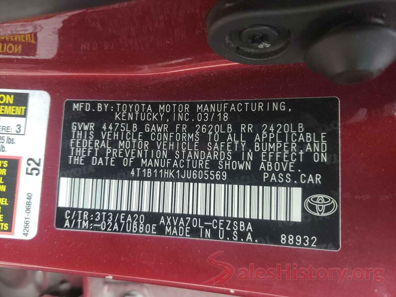 4T1B11HK1JU605569 2018 TOYOTA CAMRY