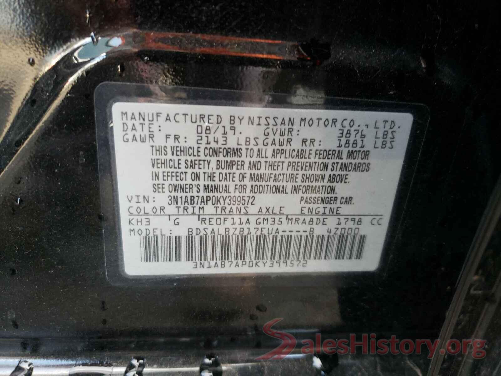 3N1AB7AP0KY399572 2019 NISSAN SENTRA