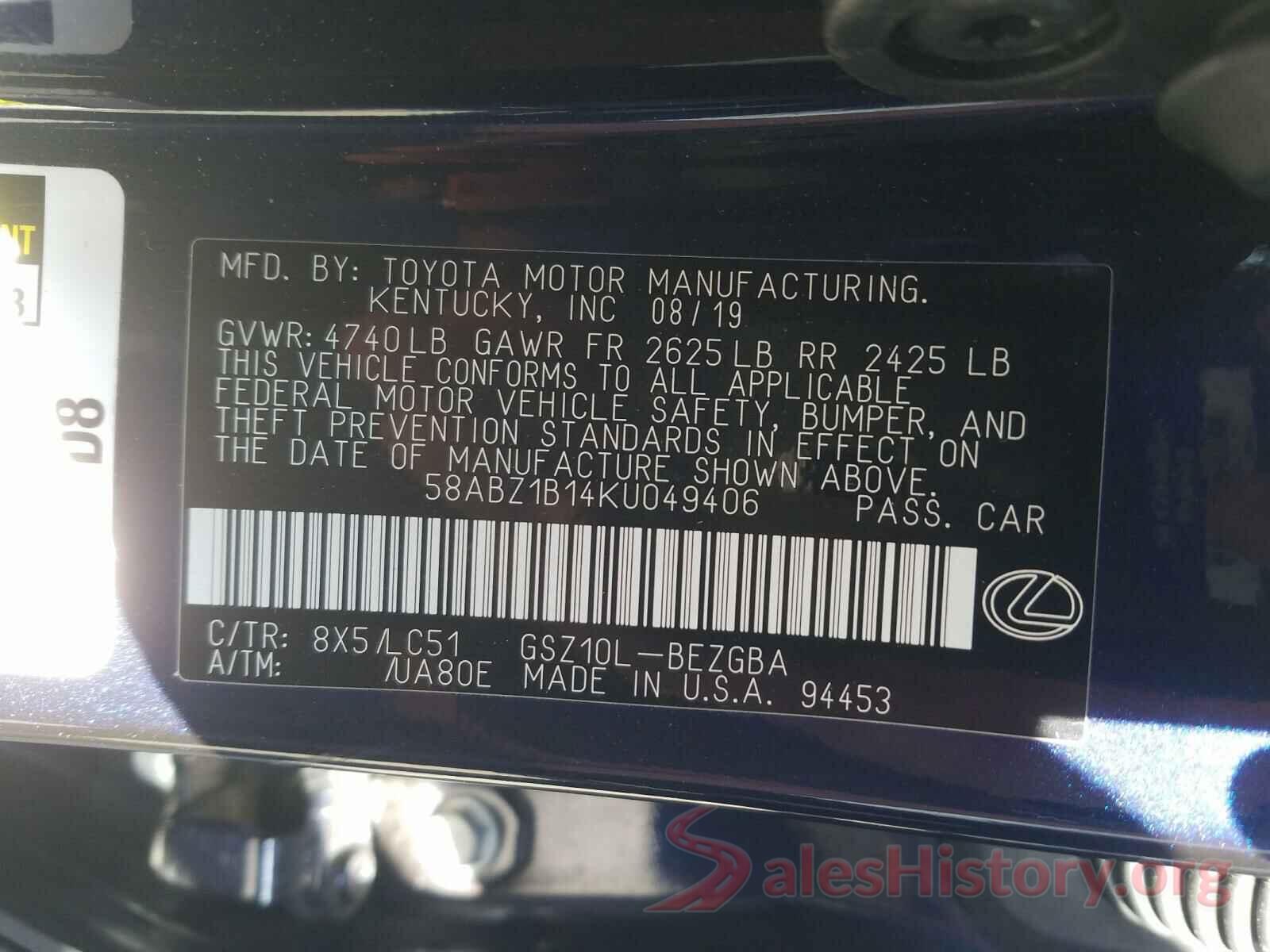 58ABZ1B14KU049406 2019 LEXUS ES350