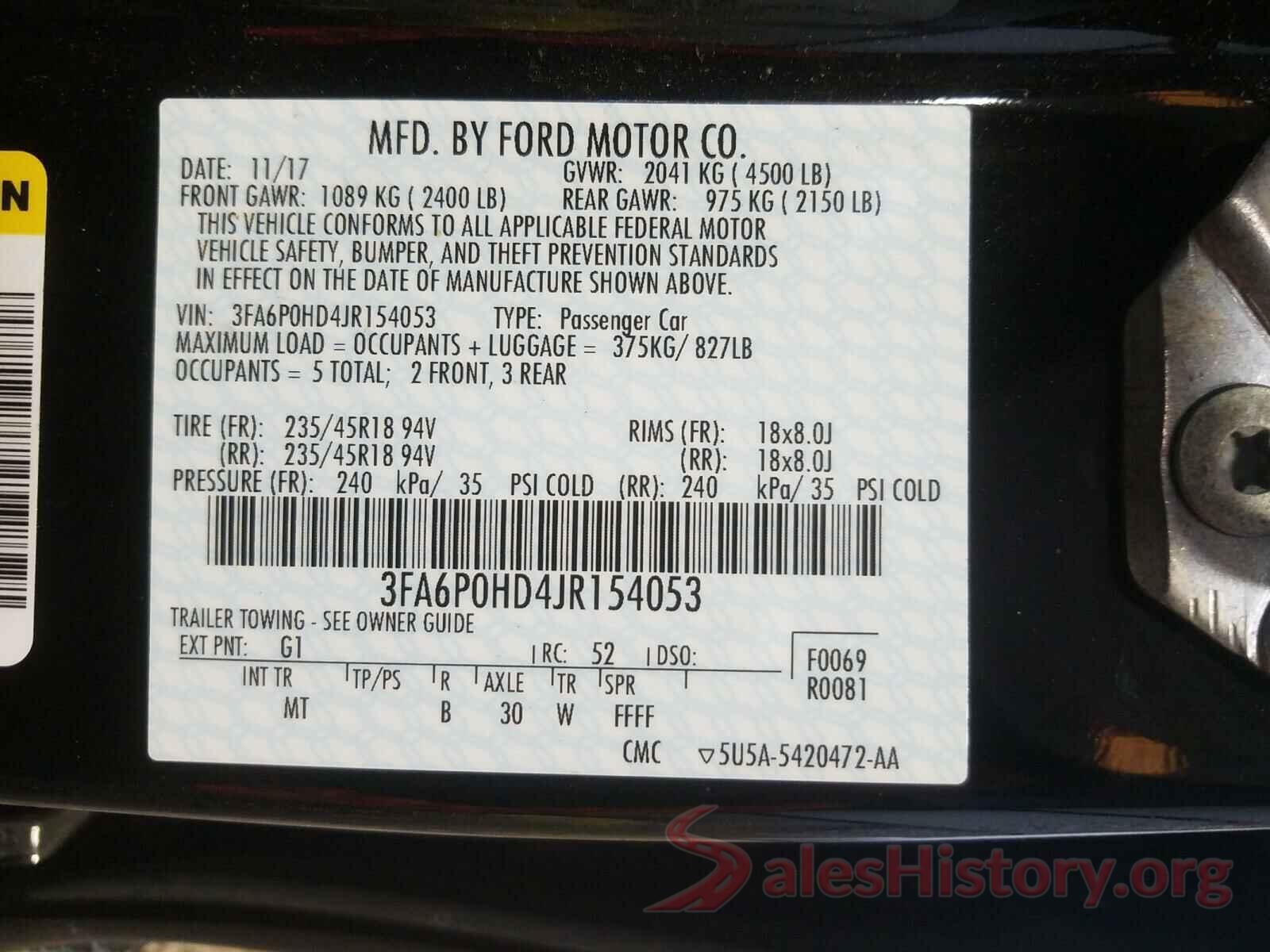 3FA6P0HD4JR154053 2018 FORD FUSION