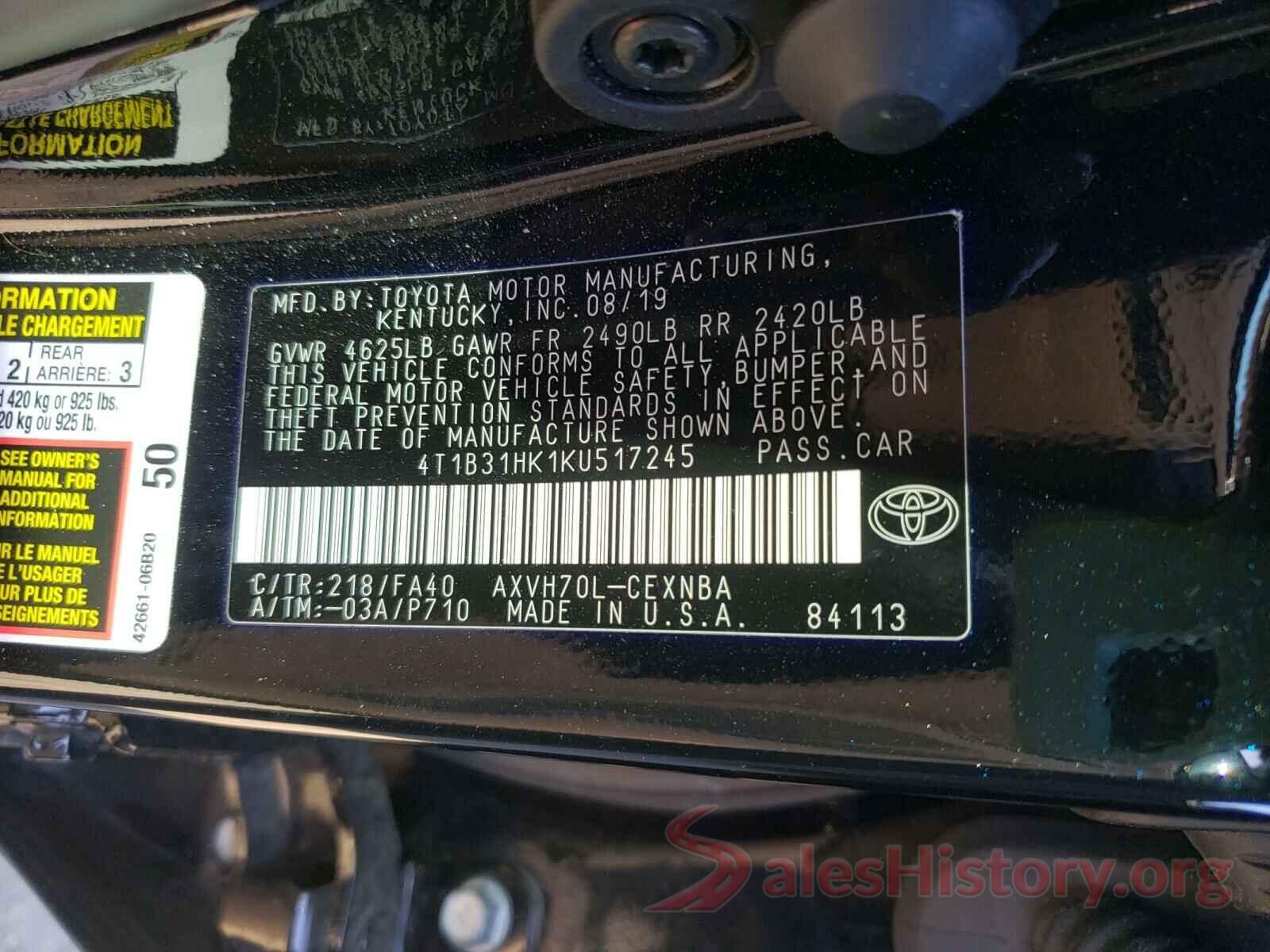 4T1B31HK1KU517245 2019 TOYOTA CAMRY