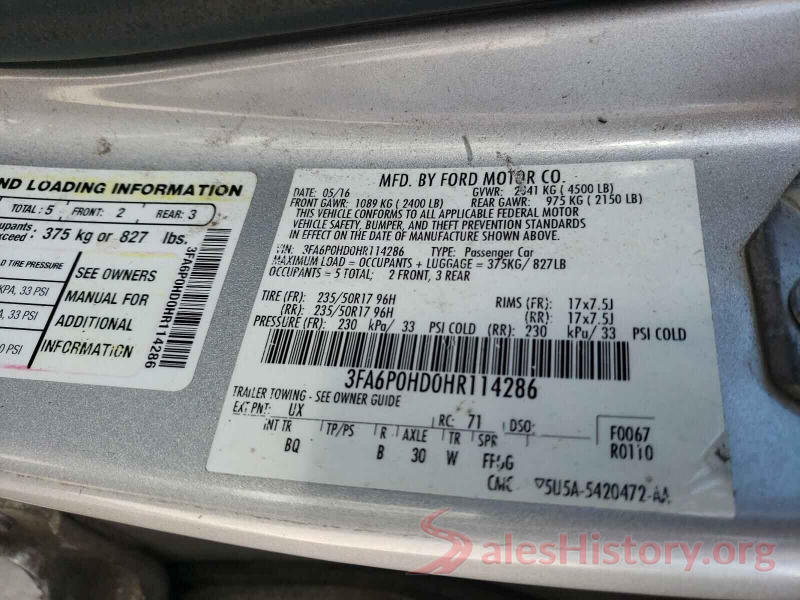 3FA6P0HD0HR114286 2017 FORD FUSION