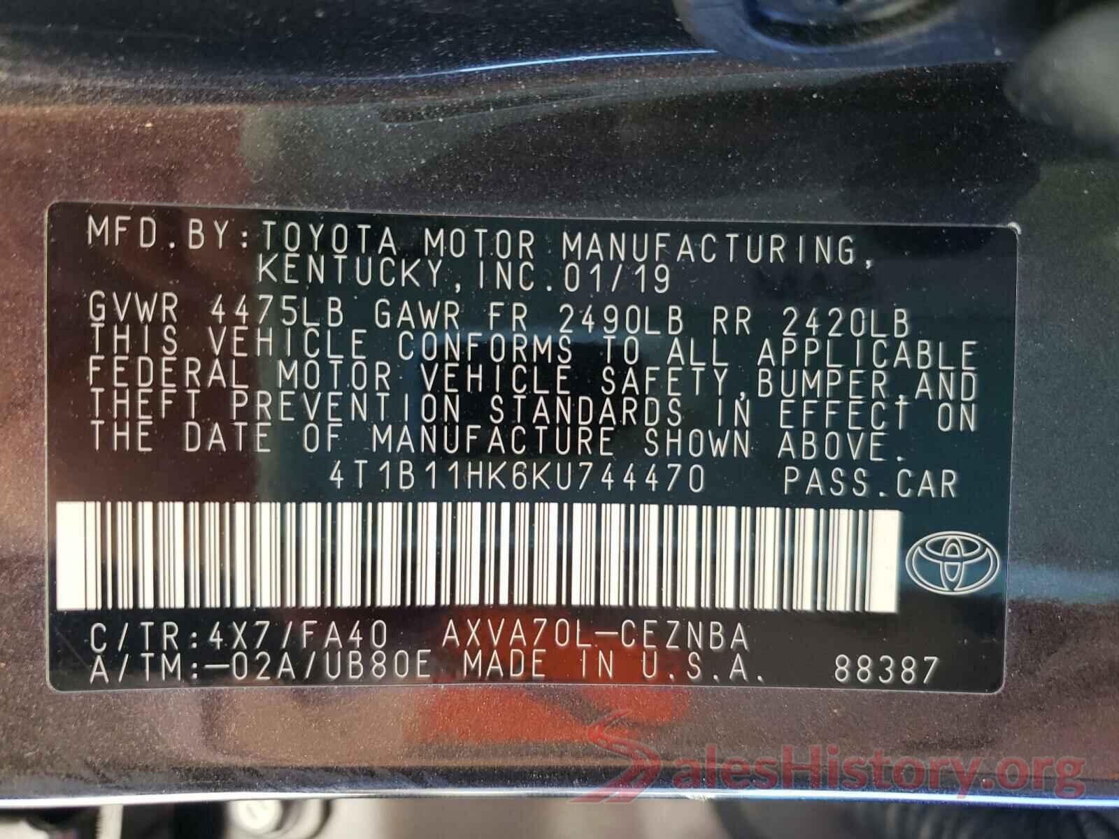 4T1B11HK6KU744470 2019 TOYOTA CAMRY