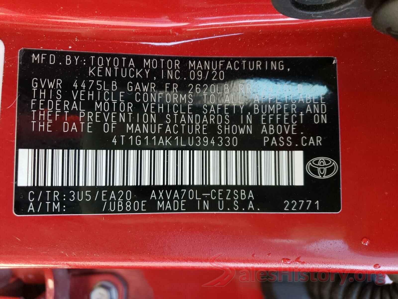 4T1G11AK1LU394330 2020 TOYOTA CAMRY