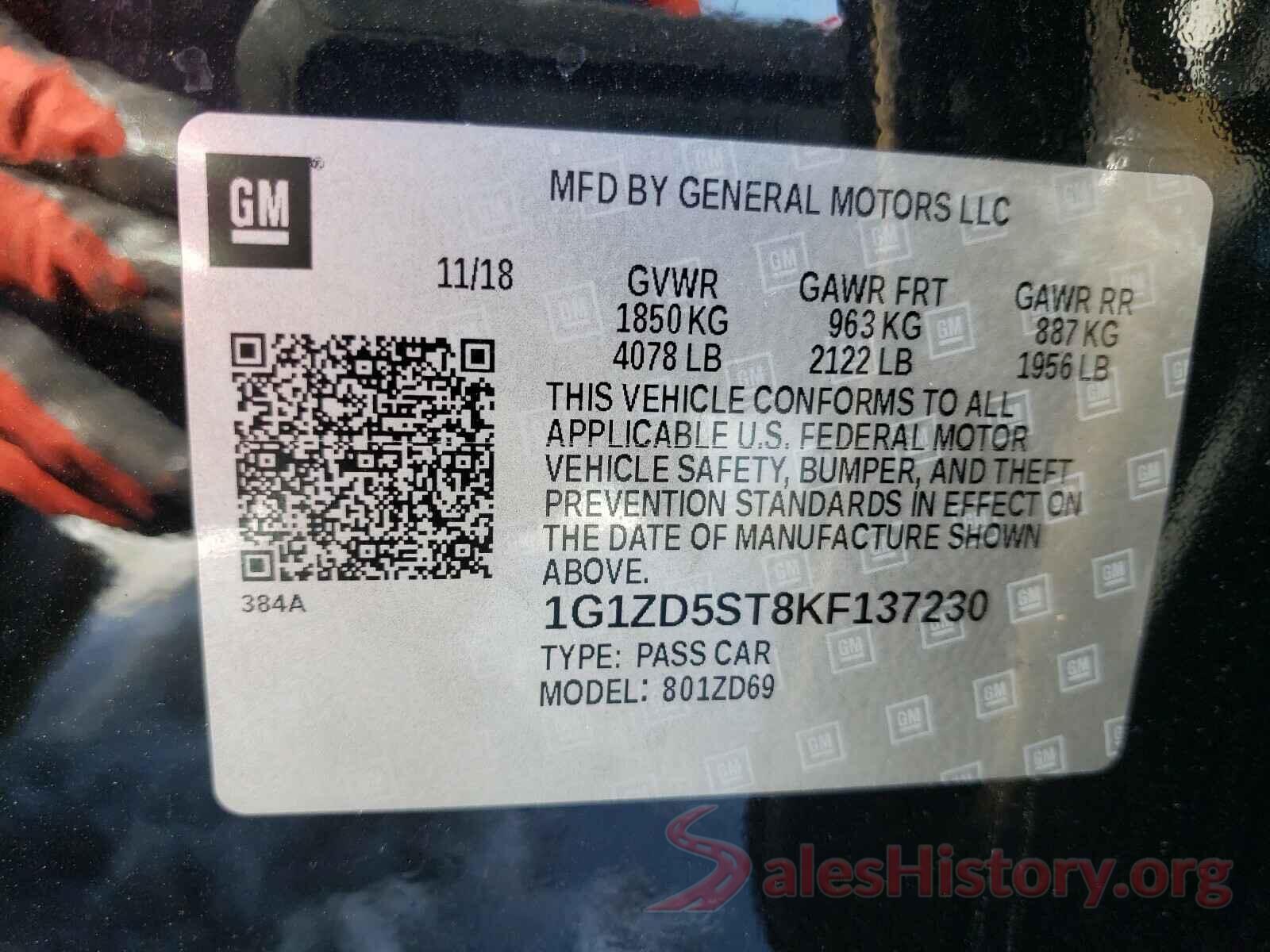 1G1ZD5ST8KF137230 2019 CHEVROLET MALIBU