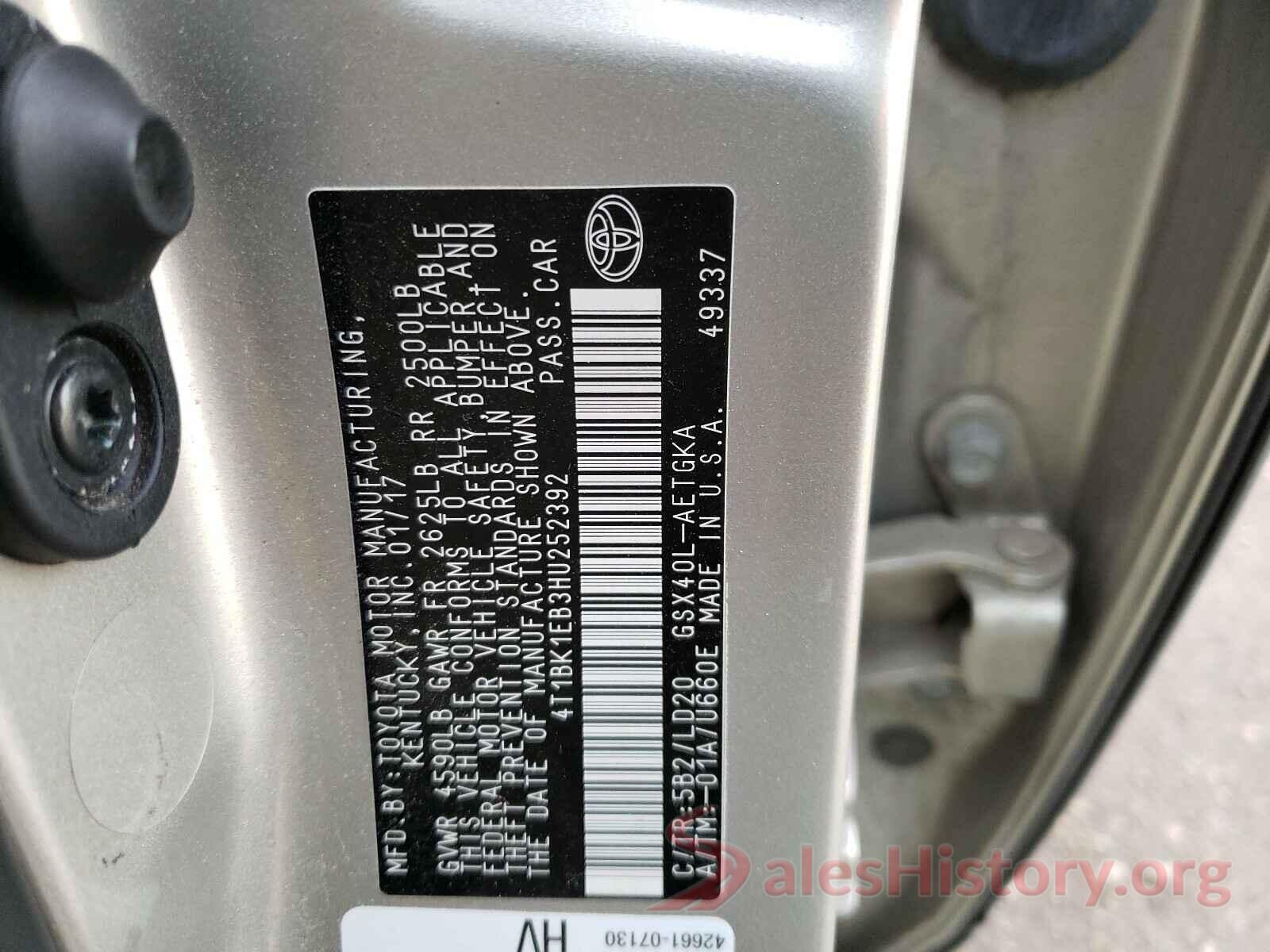 4T1BK1EB3HU252392 2017 TOYOTA AVALON