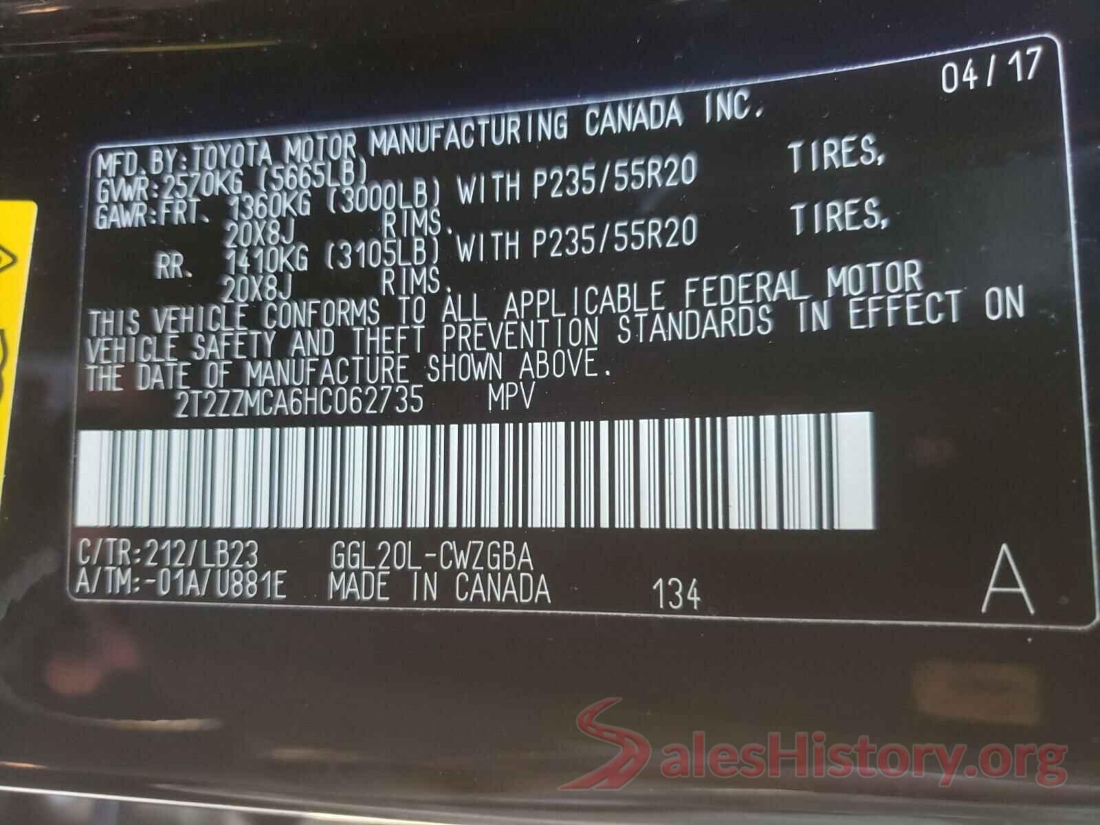 2T2ZZMCA6HC062735 2017 LEXUS RX350