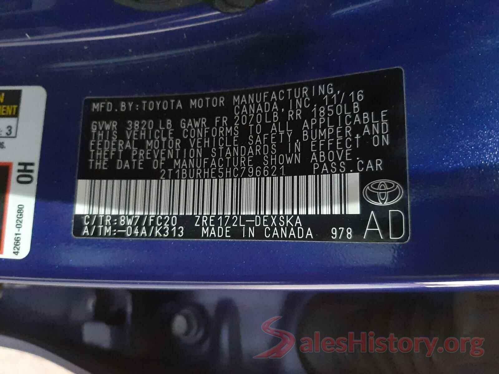 2T1BURHE5HC796621 2017 TOYOTA COROLLA