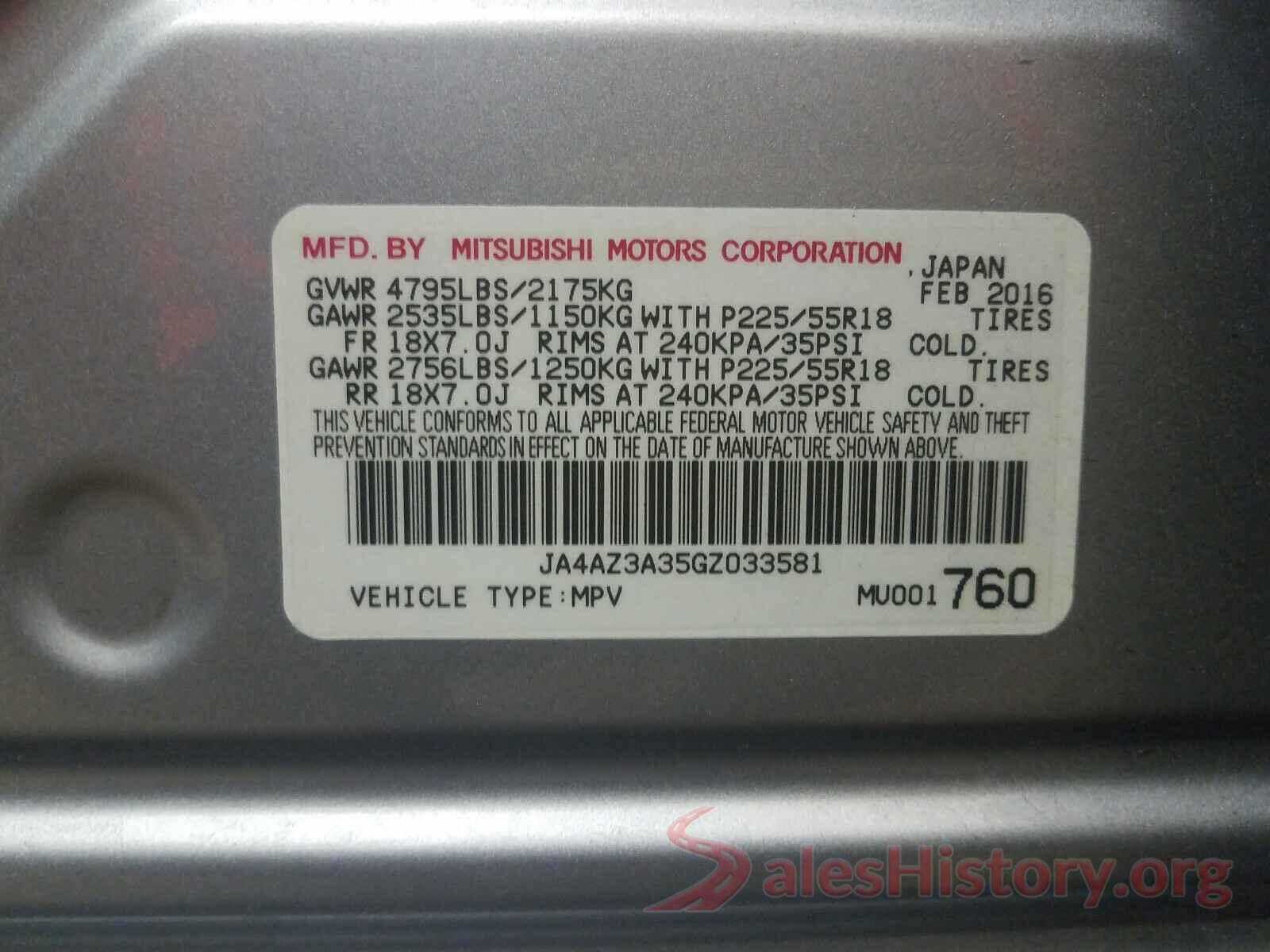 JA4AZ3A35GZ033581 2016 MITSUBISHI OUTLANDER