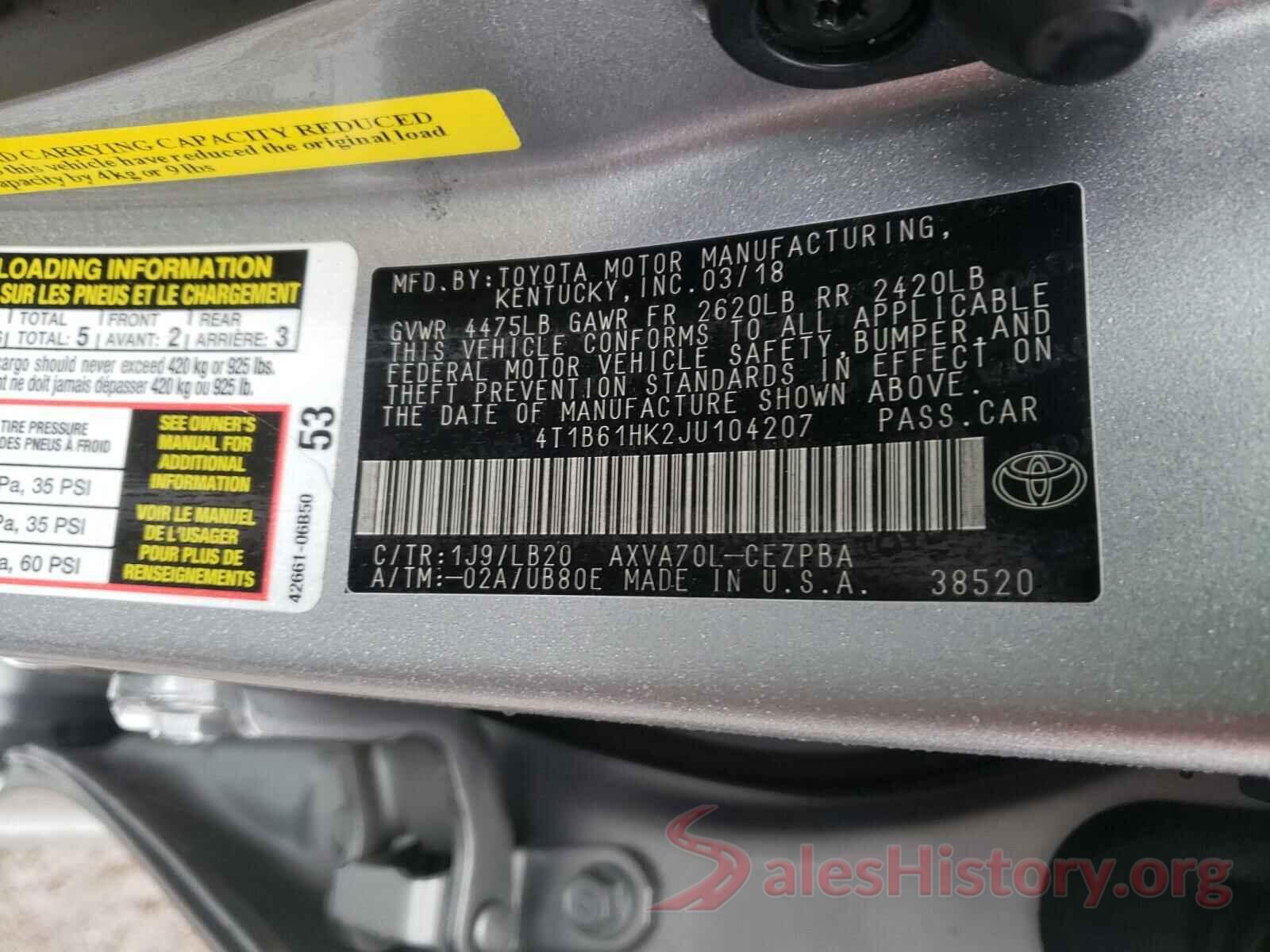 4T1B61HK2JU104207 2018 TOYOTA CAMRY