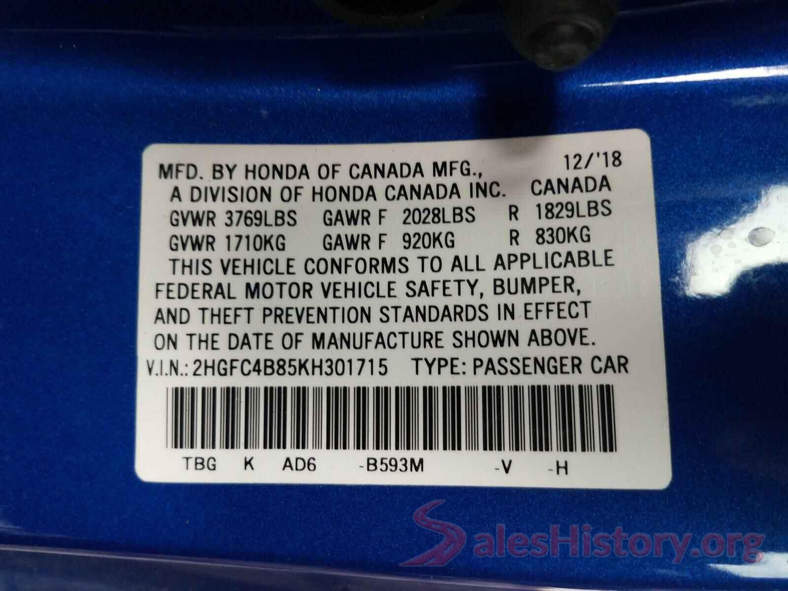 2HGFC4B85KH301715 2019 HONDA CIVIC